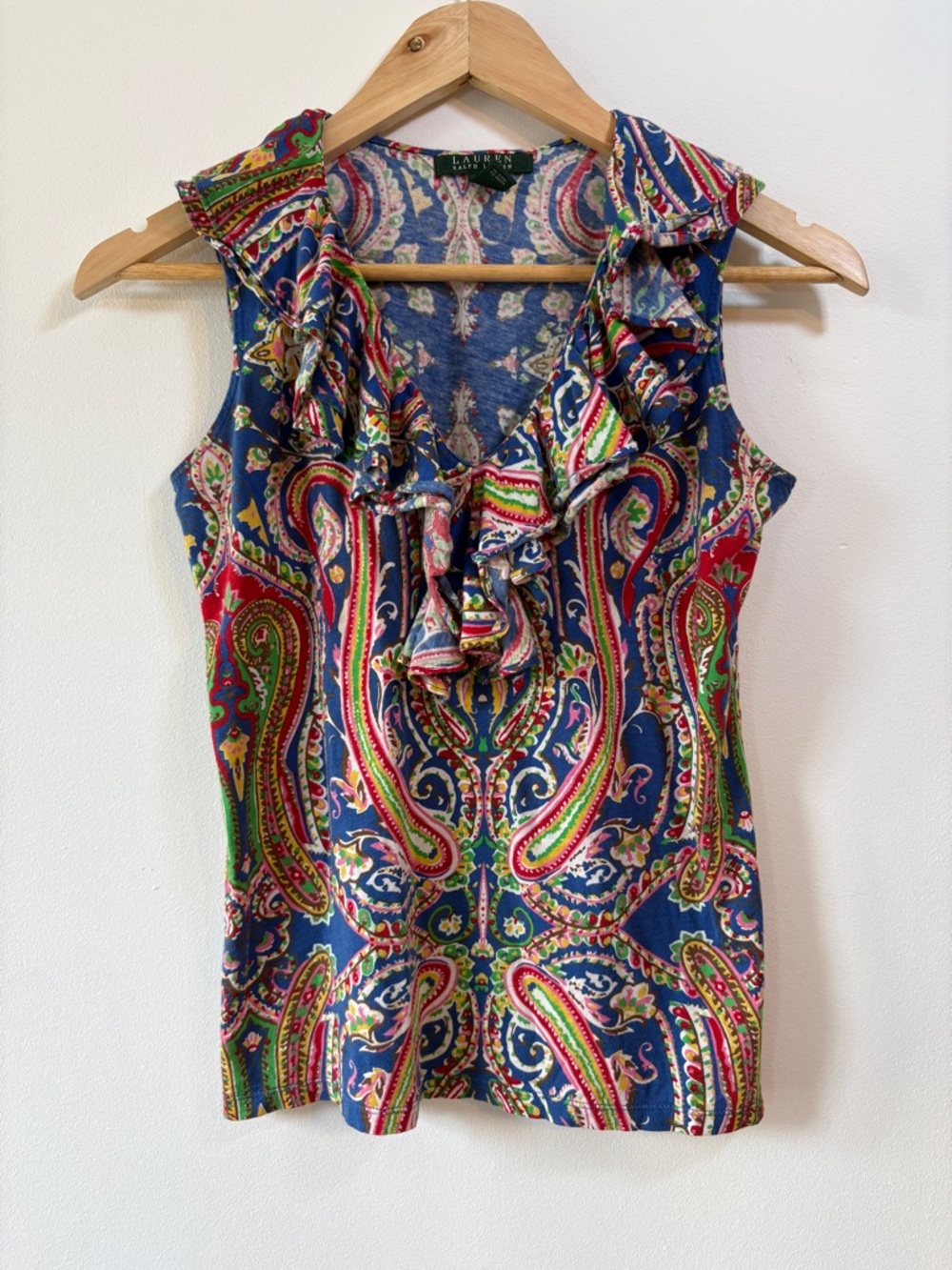 Lauren Ralph Lauren Paisley Ruffle Sleeveless Top Blue Multi Boho Preppy XS - Picture 2 of 7